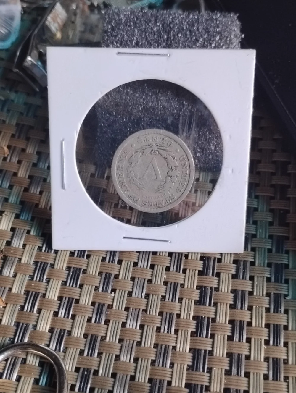 Silver Tone Religious Keychain with Coin Accent - Silver Barber Dime& Sealed Gol